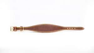 Leather greyhound collar with soft leather collar guard and padding, handcrafted with brass hardware.